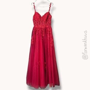 Jules & Cleo Embroidered Tulle Formal Evening Gown Red Size 8